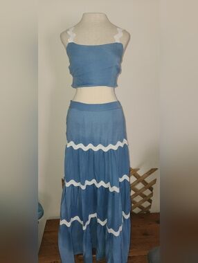Blue Maxi Skirt with White Wave Trim — Women's Tiered Flow Skirt